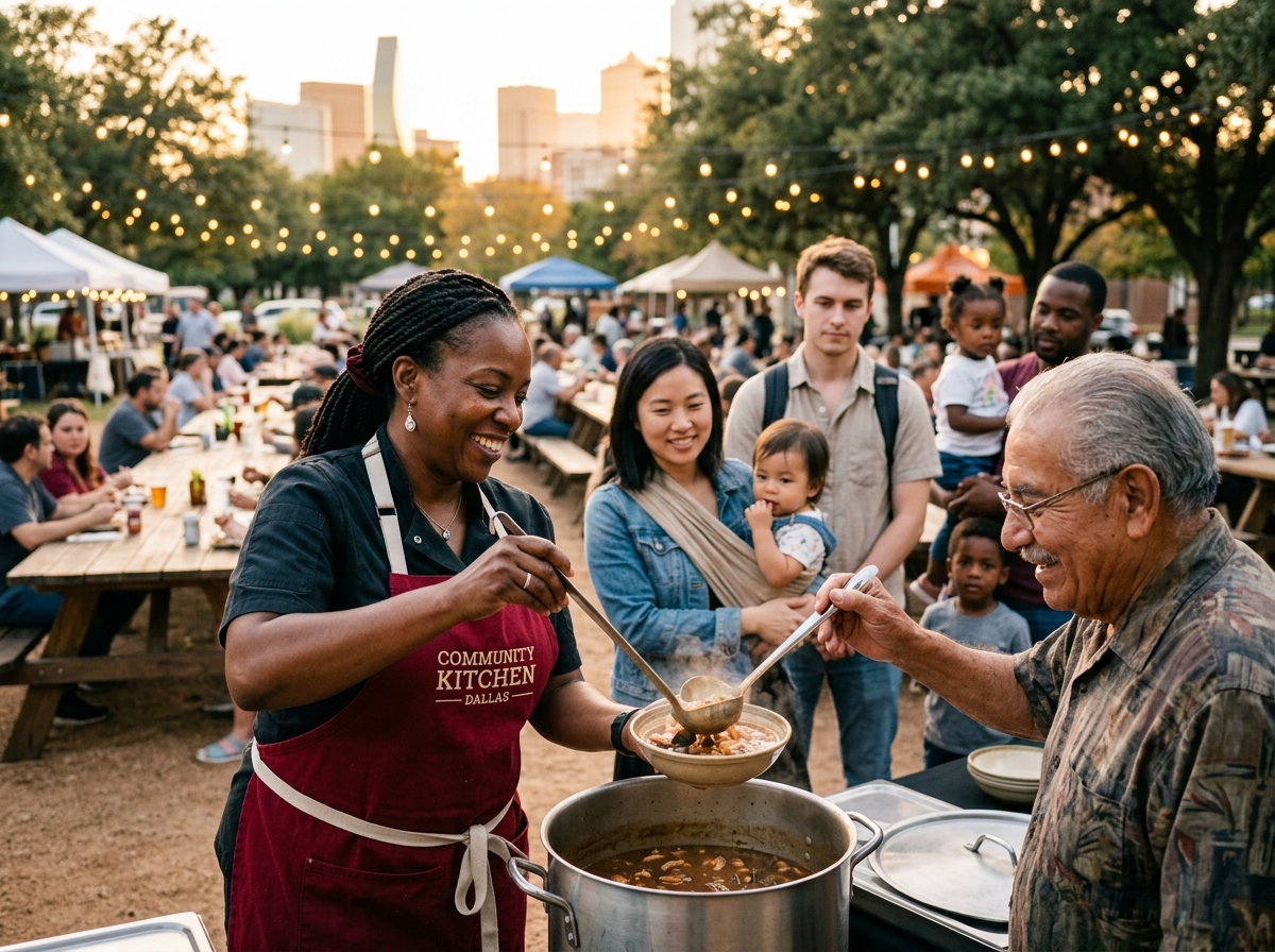 Volunteer serving gumbo at outdoor community meal