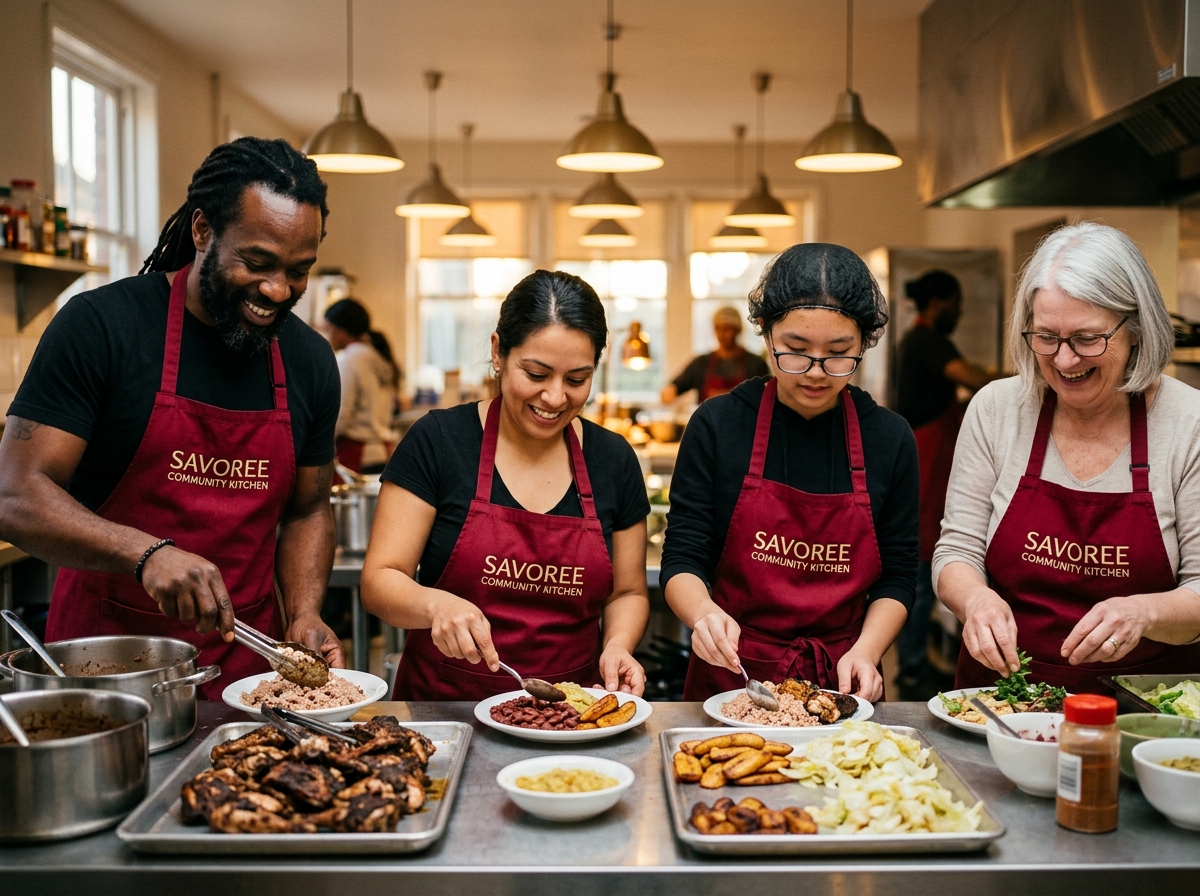 Diverse volunteer kitchen team